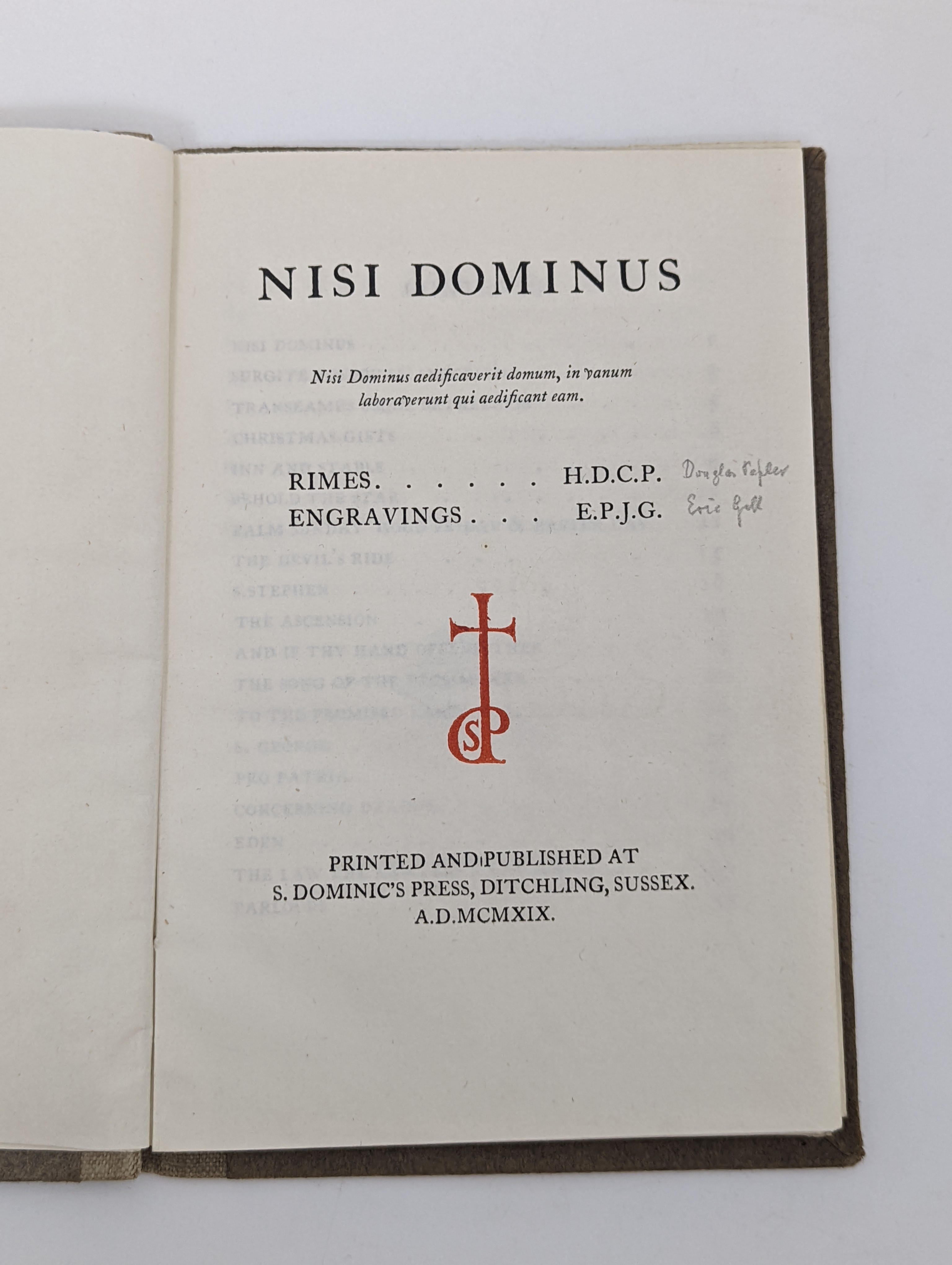 Gill, Eric (illustrator) - Pepler, Hilary Douglas Clark - Nisi Dominus, with 17 wood-engravings, 8vo, original cloth-backed boards, St. Dominic’s Press, Ditchling, 1919 and Woellwarth, Mary - Songs of Our Lady of Silence